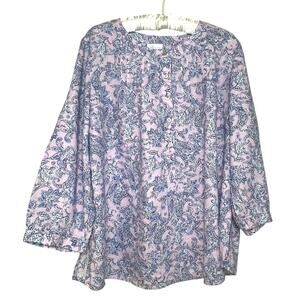 J Jill Shirt Linen Size XL Tall Pintucked Pink Blue Floral Popover Henley Top